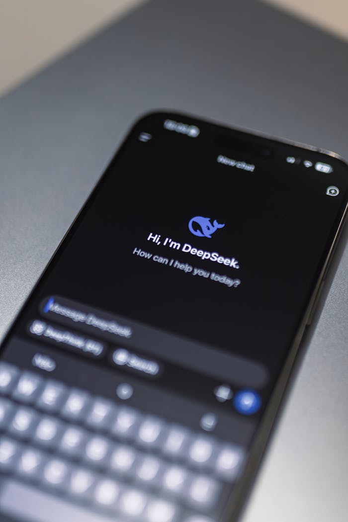 our-experience Close-up of smartphone screen showing AI app DeepSeek interface on dark background.